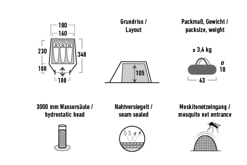 Leichtzelt Kite 2-3 Personen mit großem Vorbau