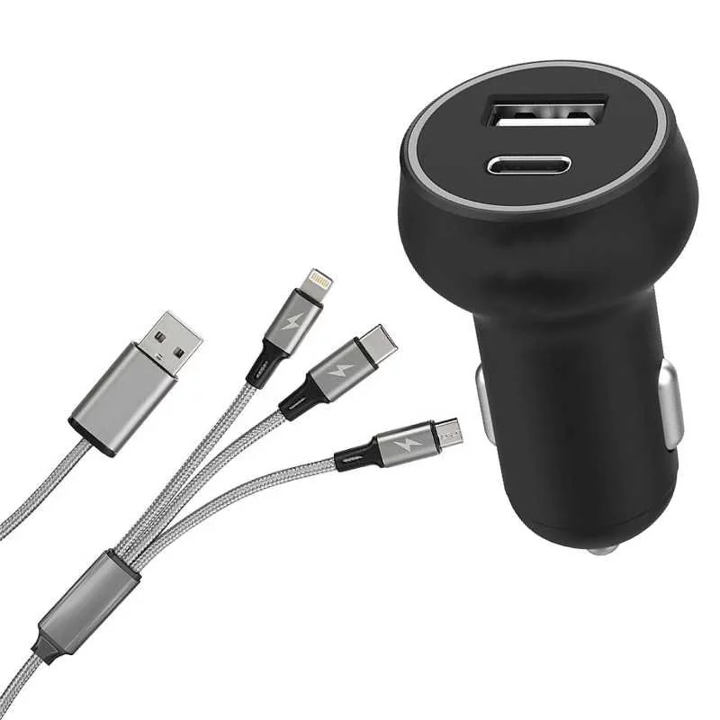 Tourershop24 - 2-Port USB-C/A Kfz-Ladeadapter Quickcharge mit Kabel