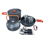 Camping-Kochset Trip mit Wasserkessel, Bechern und Besteck
